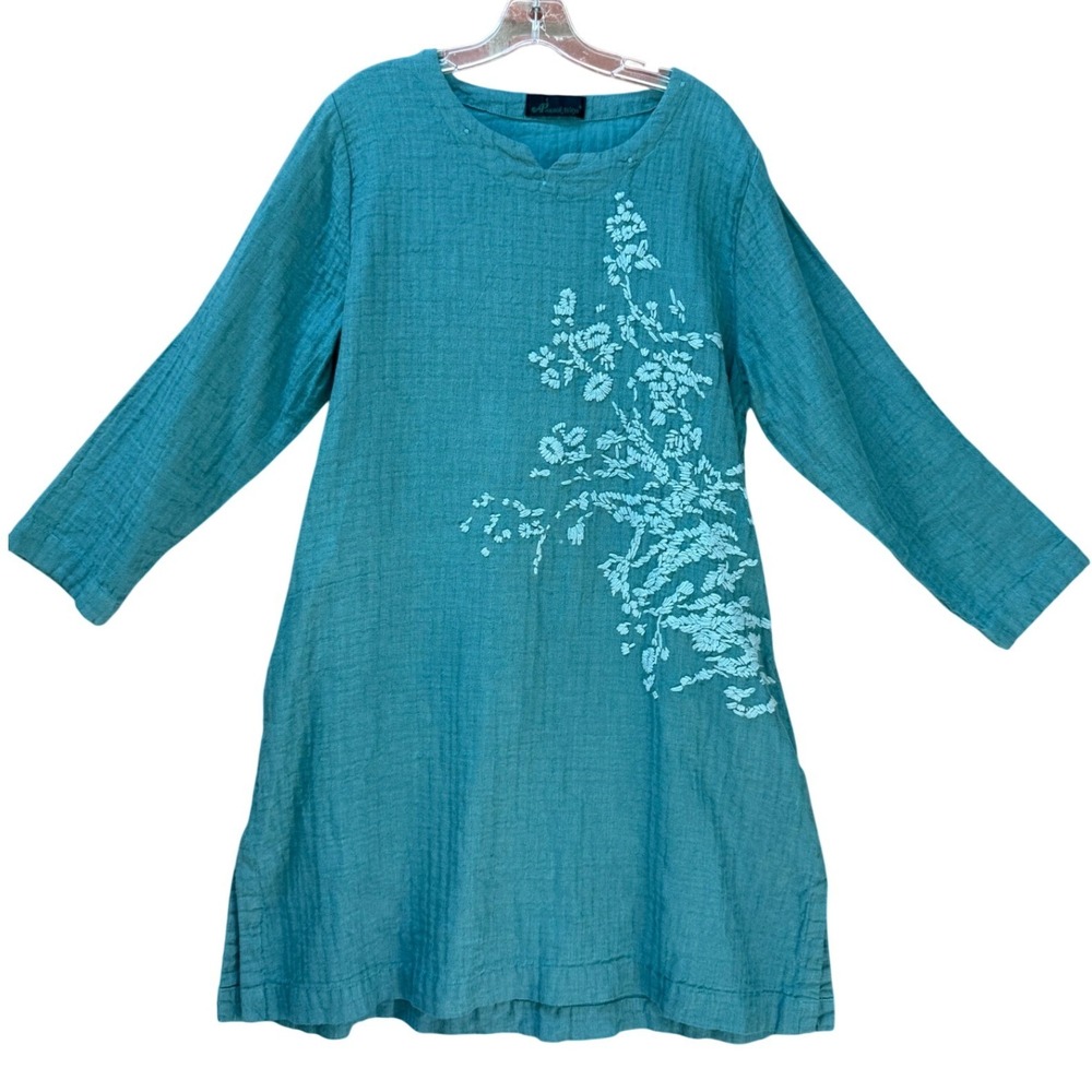 Peacock Ways 100% Linen Gauze Embroidered Tunic Dress Teal Lagenlook Boho L